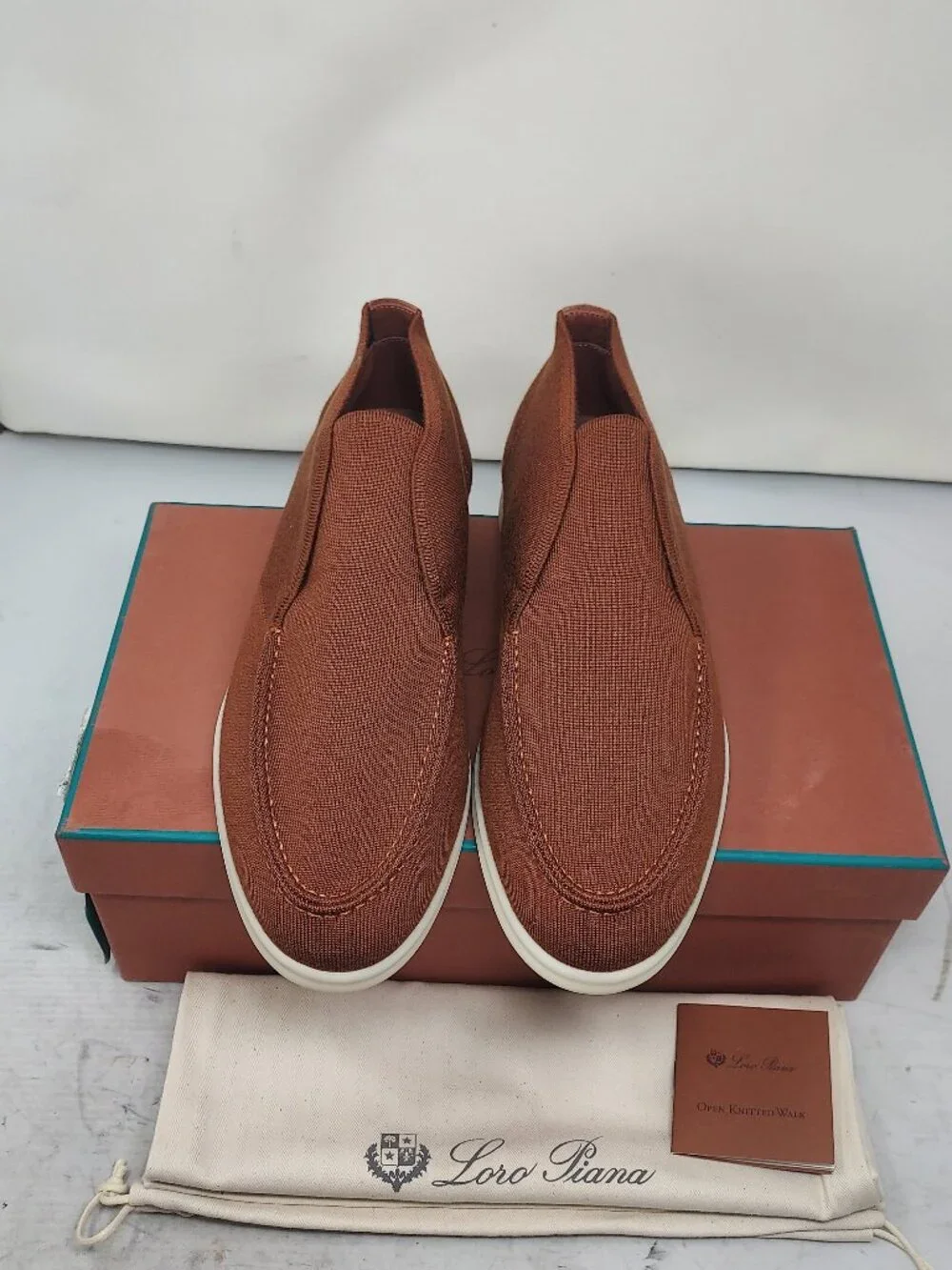 LORO PIANA MENS Rust Brown Open Walk Stretch Knit Slip-on Shoe